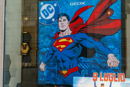 Geox shop window in Milan. Superman brand sign logo. Shop entrance. Italy, Milan - July 17, 2025