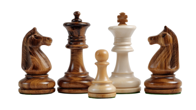 Chess Pieces Strategy: An array of meticulously crafted chess pieces stands poised on the verge of strategic engagement.