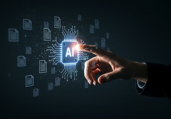 A conceptual image of a hand touching an artificial intelligence processor, symbolizing human-AI interaction and innovation.