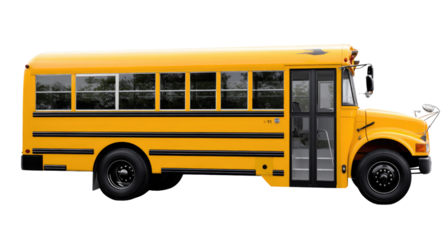 Yellow School Bus Transportation: A bright yellow school bus, a symbol of education and childhood, stands in a detailed side view, ready to transport students safely.