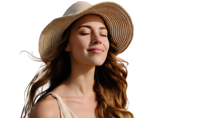 Sun-Kissed Serenity: A woman wearing a sun hat enjoys the warmth and light of the sun, capturing a moment of pure bliss and serenity.