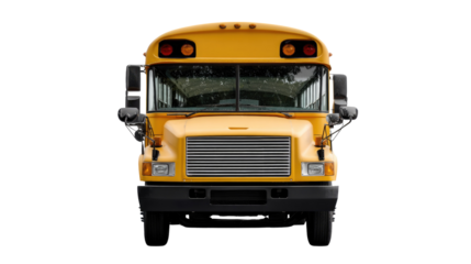 School Bus Front View: A classic yellow school bus, a symbol of education and childhood, is captured in a striking front view, emphasizing its iconic design and sturdy build. 
