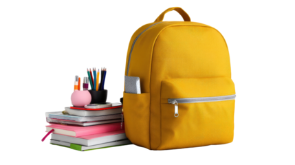 A Back-To-School Scene: A vibrant yellow backpack brimming with essentials like notebooks and pens, ready for a new school year and education.