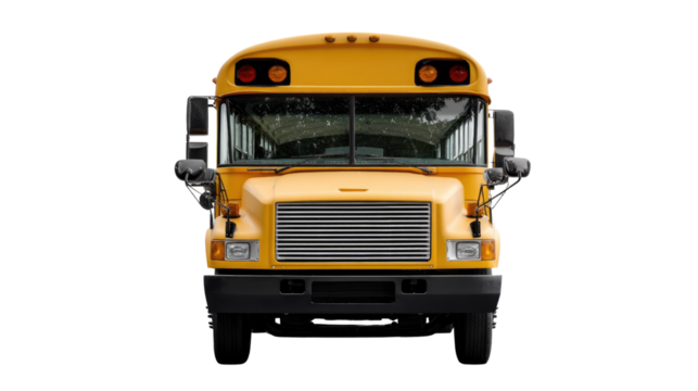 School Bus Front View: A classic yellow school bus, a symbol of education and childhood, is captured in a striking front view, emphasizing its iconic design and sturdy build. 