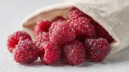 Fresh Raspberries With Water Droplets In Burlap Sack. Juicy And Refreshing Summer Fruit