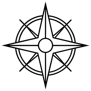 Compass rose with cardinal directions (N, S, E, W) and intermediate points in black and white. Represents navigation, direction, and exploration. icon line airt vactor outline Illustrations on white 