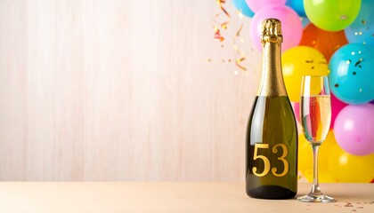 Champagne bottle and glass with number 53. Festive photo for birthday or anniversary party