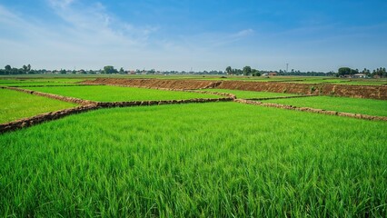 Fototapeta premium Intimate Look at Flourishing Rice Crops Across Sectioned Farmland