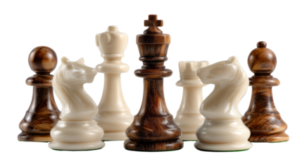 Chess Piece Formation: A close-up, detailed view of diverse chess pieces, each meticulously crafted from different materials, symbolizing strategy, intellect, and the complex dynamics of competition.