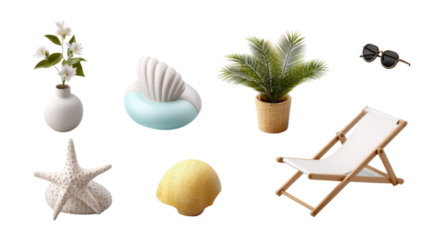 Sun-Kissed Beach Essentials: A vibrant composition showcases an array of beachside elements. Including sunglasses, potted palm, seashell, starfish, beach chair, evoking a sense of relaxed leisure.