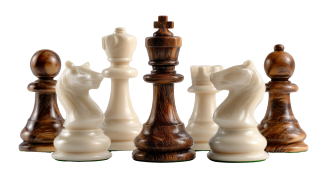Chess Piece Formation: A close-up, detailed view of diverse chess pieces, each meticulously crafted from different materials, symbolizing strategy, intellect, and the complex dynamics of competition.