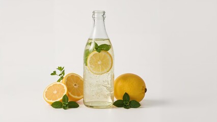 Fototapeta premium Refreshing lemon and orange beverage with mint in a transparent bottle on a white surface