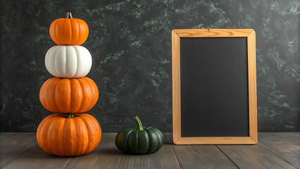 Stacked autumn pumpkins and gourd beside a blank wooden framed chalkboard on a rustic table