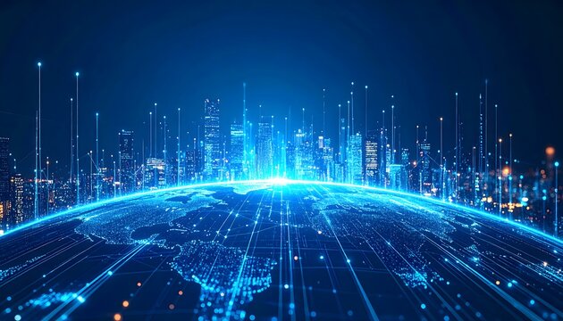 Futuristic smart city on a glowing digital Earth globe with network connections, symbolizing global business and technology.