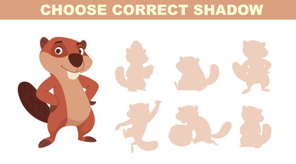 Beaver silhouettes. choice correct shadows from cartoon animals beavers in action poses