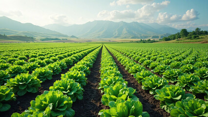 Aerial View Of Lettuce Crops Growing In Rows On A Farm With Mountains In The Distance On A Sunny Day