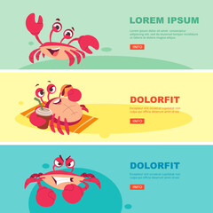 Crab banners. ads templates for print design projects with crab in action poses and funny emotional faces