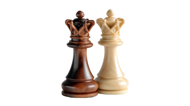 Chess Queen Pair: Two exquisitely crafted chess queens stand side by side, one dark and one light, symbolizing strategic duality and the dynamic nature of the game.