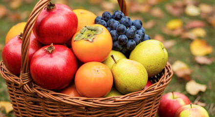 Autumn Bounty Wicker Basket Overflowing with Seasonal Fruit Delight.