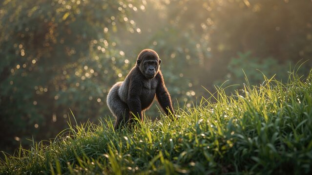 A young gorilla located in its natural surroundings on a grassy incline