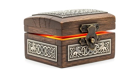 Ornate wooden treasure chest with silver celtic knot designs, partially open on a plain background, revealing a warm orange glow inside