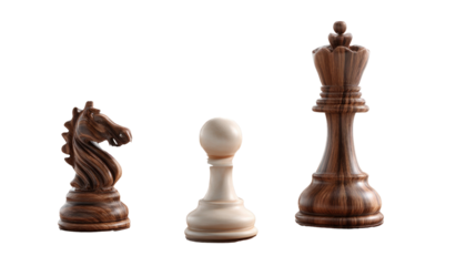 Strategic Pieces: A close-up shot of meticulously crafted chess pieces showcases the iconic knight, pawn, and king, highlighting their distinct forms and strategic importance.