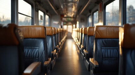 Empty Train Interior With Leather Seats And Sunlight Streaming Through Windows. Peaceful Travel Atmosphere