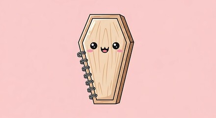 Cute wooden coffin notebook with spiral binding on a pink background, perfect for stationery, back to school