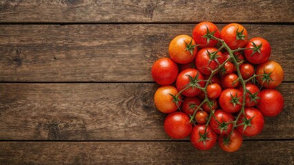 Overhead view of cherry tomatoes spread across a wooden surface with blank area for writing.