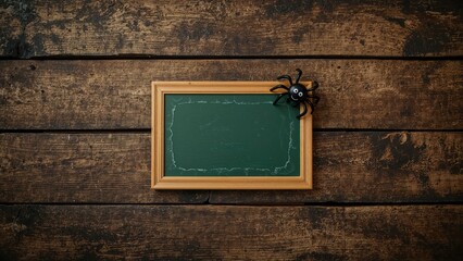 Top perspective of a toy spider on a chalkboard set against rustic wooden backdrop
