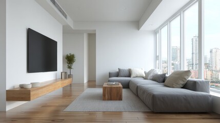 Fototapeta premium Modern Minimalist Living Room With Large Windows And City View. Contemporary Interior Design With Sleek Furniture