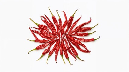 Obraz premium Top-down perspective of red dried chili peppers isolated on white