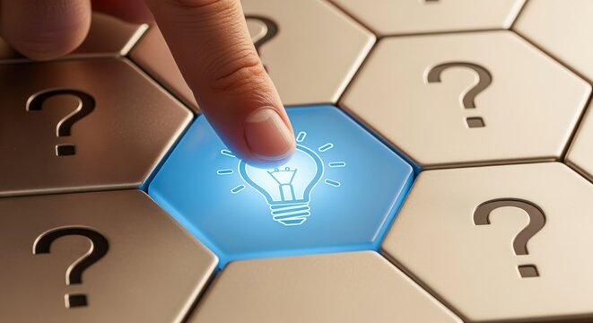 Solution Concept: Finger Pressing Lightbulb Icon Among Question Marks on Hexagonal Grid, Idea Generation