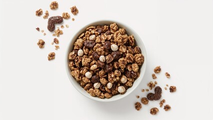Selective focus on chocolate nut oatmeal granola placed against a plain white background with toning
