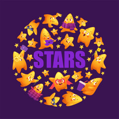 Stars characters in circle shape. cartoon cute stars mascot in round form