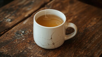 Close-Up Image of a Pale Mug Containing Hot Ginger Tea Set on a Dark Wooden Table