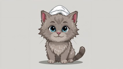 Obraz premium Happy gray tabby cat looking playful and clean, big blue eyes shining, towel draped around its head.