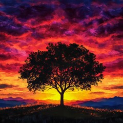 Obraz premium Ethereal Sunset Silhouette A lone tree silhouetted against a breathtaking colorful sunset dramatic and poetic