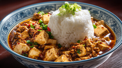 Close up of mapo tofu with rice in a blue and white bowl garnished with green onions on a dark table