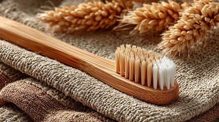 Eco bamboo toothbrush resting on jute high resolution picture