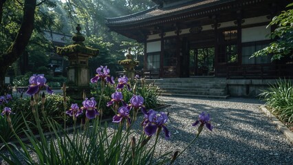 Lush iris petals blossoming in a quiet temple courtyard