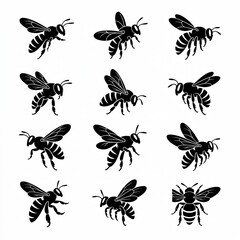 Fototapeta premium Twelve stylized black bee silhouettes in dynamic poses perfect for nature and business branding