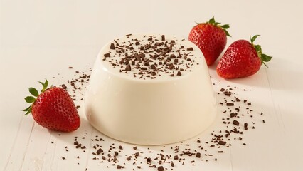Sweet panna cotta accompanied by chocolate and strawberry pieces on a white wooden table