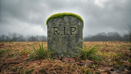 A weathered moss covered rip gravestone stands alone in a desolate overcast field with bare trees in the background