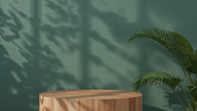 Unfurnished table in front of a rich green wall, with natural sun and foliage shadows on a light-colored wall, complemented by a soft-focus background for cosmetic or food branding. - Powered by Adobe