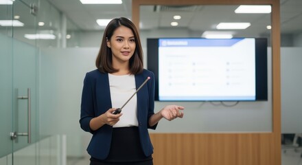A businesswoman in a modern office setting, giving a presentation with a pointer.