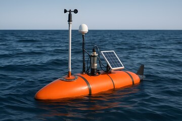 A cutting-edge autonomous underwater vehicle (AUV) floats on the ocean's surface, equipped with advanced instruments for environmental research. 