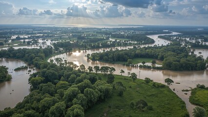Obraz premium Fields, meadows, and woodlands submerged after heavy rain.
