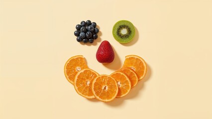Fresh fruits like kiwi, orange, raspberry, blueberry, and strawberry arranged to form a joyful face.