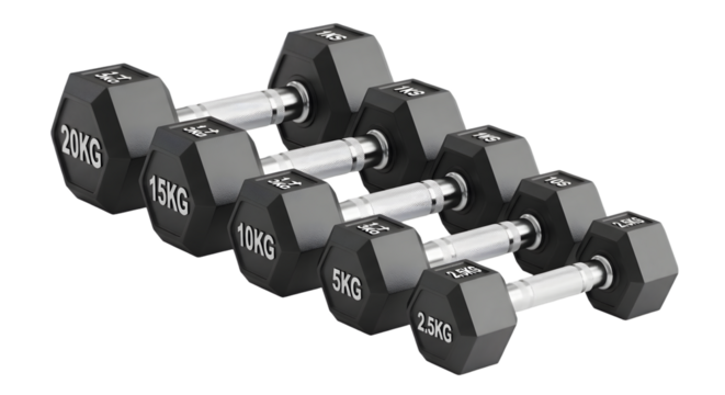 A set of black hexagonal dumbbells with chrome handles in varying weights, isolated on a transparent background for fitness and exercise